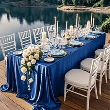 Kit de Mantel de Satén Azul Marino de Lujo - Mantel Rectangular Formal con Forro Antideslizante Apto para Mesa de Comedor en Casa, Decoración de Boda y Fiesta en Interiores y Exteriores - Multicolor - Ver 4