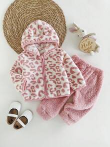 Baby Girls Autumn Clothes 2-Piece Set, New Fall/Winter Fashion Versatile Cute Fleece Printed Leopard Print Fur Collar Jacket And Solid Color Long Pants, Suitable For Outdoor Wear - Pink - View 1