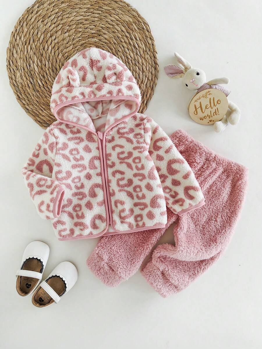Baby Girls Autumn Clothes 2-Piece Set, New Fall/Winter Fashion Versatile Cute Fleece Printed Leopard Print Fur Collar Jacket And Solid Color Long Pants, Suitable For Outdoor Wear - Pink - View 1