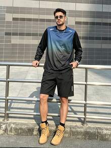 春秋男士時尚漸層拼色長袖上衣 + 短褲 2件式休閒運動套裝 - 藍色 - 查看 2