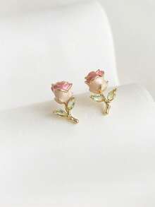 1 Pair Enamel Rose Flower Earrings, Delicate Micro-Inlaid Zirconia Rose Flower Earrings - Multicolor - View 1