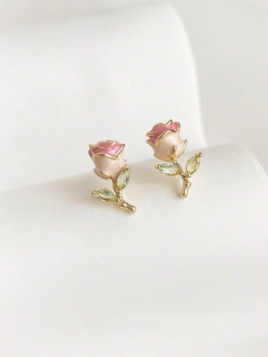 1 Pair Enamel Rose Flower Earrings, Delicate Micro-Inlaid Zirconia Rose Flower Earrings - Multicolor - View 1