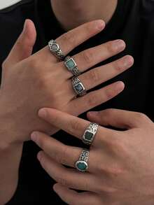 5pcs Vintage Distressed Cross Texture Natural Stone Ring Set, Asymmetrical Textured Colorful Stone Rings, American Punk Men's Stackable Hand Jewelry - White K - View 2