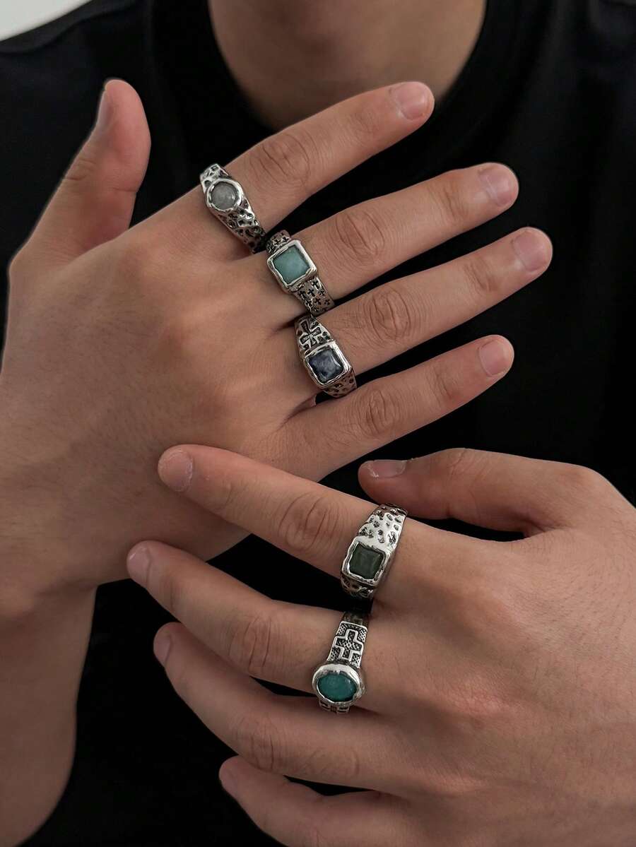 5pcs Vintage Distressed Cross Texture Natural Stone Ring Set, Asymmetrical Textured Colorful Stone Rings, American Punk Men's Stackable Hand Jewelry