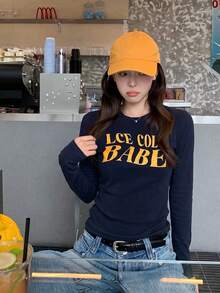 Atasan Kasual Wanita Lengan Panjang Pas Badan dengan Motif Huruf, Musim Gugur - Navy Blue - View 7
