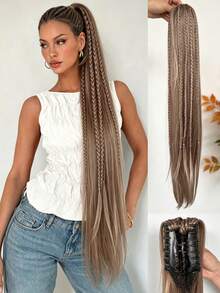 30 Inch Brown Multi-Color Gradient Straight Synthetic Ponytail Wig (Braided Design); Suitable For Women To Wear On Christmas, Halloween, Music Festivals, Parties And Daily Life. - Multicolor - View 17