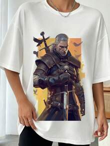 Vintage Inspired Geralts Of Rivia Orange Background Raven Sword Chest Portrait The Witcher Fantasy Game Fan Graphic Casual Tee - 白色 - 查看 1