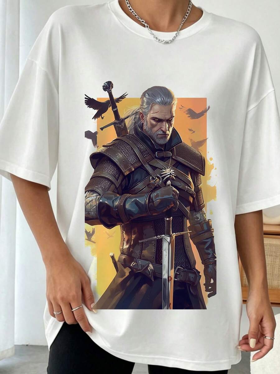 Vintage Inspired Geralts Of Rivia Orange Background Raven Sword Chest Portrait The Witcher Fantasy Game Fan Graphic Casual Tee - 白色 - 查看 1