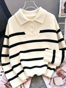 Autumn/Winter New Button Polo Collar Women's Striped Base Layer Top, Fashionable High-End Minimalist Pullover Versatile Sweater - White - View 4