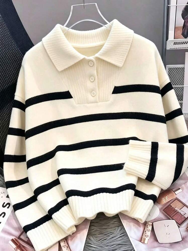 秋冬新款女款鈕扣 Polo 領條紋底層上衣，時尚高端極簡風套頭百搭針織衫 - 白色 - 查看 4