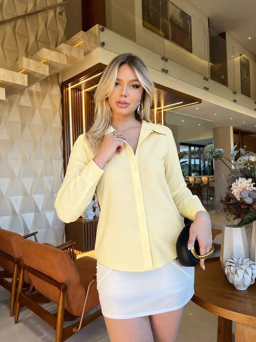 Women's Long Sleeve Solid Button-Down Shirt - 奶油黃 - 查看 1