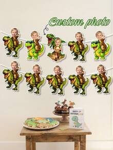 Custom Photo Kid Riding T-Rex Dinosaur Banner,Explorer Outfit Portrait Garland,Green T-Rex Themed, Birthday Gift For Dino Lover,Dinosaur Party Decor - Multicolor - View 2
