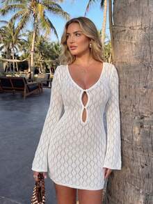 QIANZHIDU VELLA Women's Autumn Deep V-Neck Hollow Crochet Long Sleeve Knit Mini Dress, Suitable For Beach, Back To School Party, Outing, Dating - White - View 3