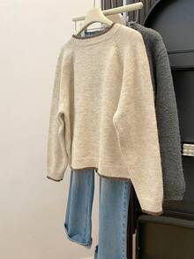 Women's Loose Knit Cardigan, Round Neck Contrast Trim Button Front Cardigan, Thanksgiving Christmas - Apricot - View 9