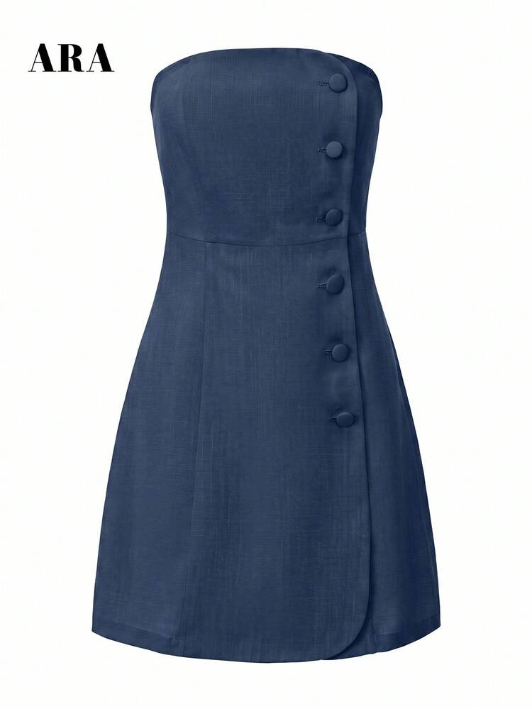ARA CHIC Women's Navy Blue Backless Strapless Dress With Button Design, Fitted Bodycon Style, Commute And Date Wear, Gentle Style, Summer New Arrival - Navy Blue - View 6