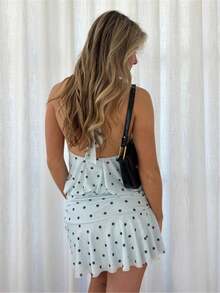 Women's Pleated Waist Sheer Mesh Ruffle Mini Dress Summer Casual Halter Neck High Neck Bodycon Short Dress Self-Tie Backless Sundress Party Clubwear - F210809-藍色 - 查看 8