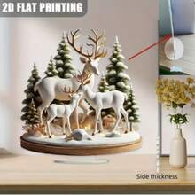 1pc 2D Acrylic Decorative Ornament, Elegant Deer Family, Peaceful Forest Snow Landscape, Perfect Holiday Decoration, With Base, No Power Required - A - View 4