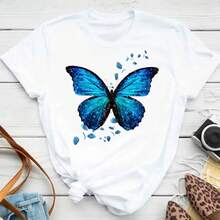 Damen T-Shirt Rundhals 100% Baumwolle 180g mit bunten Blüten- und Schmetterlingsdruck, süßes Design, lässiges modisches Tee - HD2-W - Übersicht 1