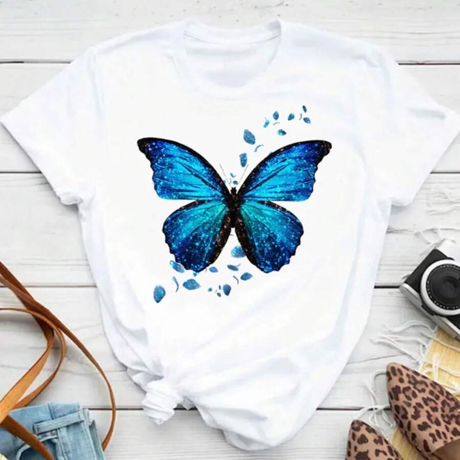 Damen T-Shirt Rundhals 100% Baumwolle 180g mit bunten Blüten- und Schmetterlingsdruck, süßes Design, lässiges modisches Tee - HD2-W - Übersicht 1