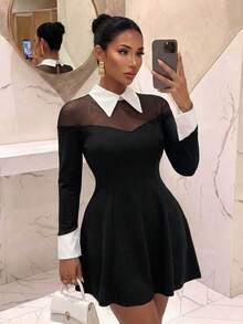 RNU Women's Plus Size Elegant Black Long Sleeve Dress, Sheer Mesh Patchwork Knit High Elastic, For Party, Night Date & Gathering, Fashion Versatile - Black - View 3