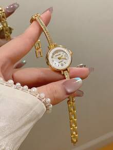 1pc Minimalist Thin Strap Watch, Women Fashion Elegant Gold Color Bracelet Watch Style, Daily Use - Gold - View 1