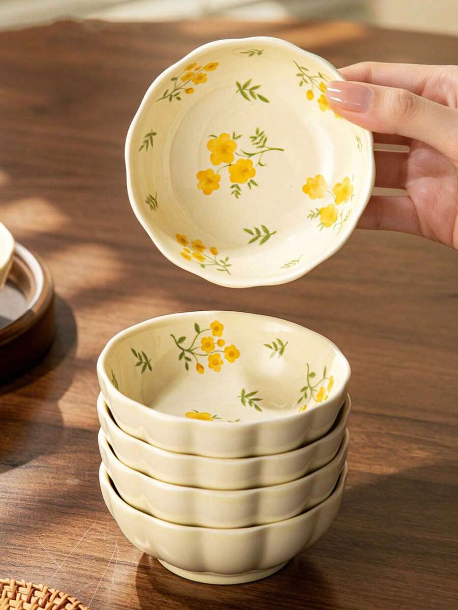 3.9 Inch Floral Print Ceramic Dip Bowl, Cute Flower Sauce Dish, Small Yellow Floral Print Bowl, Suitable For Condiments, Snacks, Desserts, Perfect For Home Kitchen, Party And Restaurant Use. - Multicolor - View 1