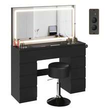 Devoko Modern Vanity Table With Extra Large LED Mirror, 3 Light Colors And Dimmable Brightness, Dressing Table With Glass Top, 9 Drawers, Power Strip And Hair Dryer Holder, White/Black - 查看 9
