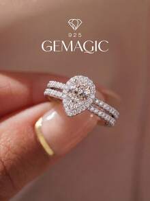 2件組 925純銀單顆水滴戒指套組，優雅女款戒指，適合約會、派對、週年紀念等場合，精緻女性珠寶禮物 - 套戒 - 查看 2