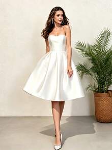 Women's Strapless Umbrella Hem Cocktail Dress, Bridal Shower Dress, Graduation Dress Wedding Spring Fall - Beige - View 1