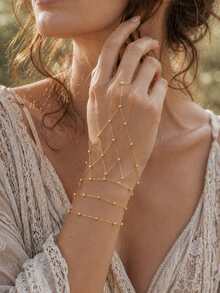2pcs Gold Bead Mesh Finger Chain Bracelet Set, Exquisite Small Gold Bead Mesh Finger Jewelry, Multi-Layer Stackable Elegant Thin Bracelet Hand Accessory Set For Women - Mesh - View 3