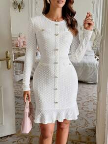 Elegant White Knitted Bodycon Long Dress For Women, Long Sleeve With Gold Buttons, Perfect For Fall Casual Wear - White - View 7