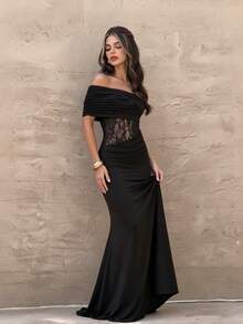 Elegant Women's One-Shoulder Ruched Lace Patchwork Waist-Cinching Bodycon Evening Gown - Black - View 7