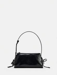 Dedoo Shoulder Bag, Bowknot Decor On Both Sides, Dual Shoulder Straps, Inner Pocket, Dual Outer Compartments, All With Magnetic Closure, Zipper Closure - Black - View 3