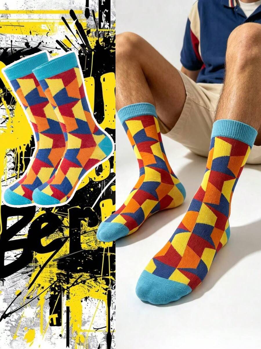 1/5 Pairs Vintage Assorted Jacquard Mid-Calf Socks, Geometric Plaid & Math Symbol Streetwear Socks For Men - Multicolor - View 1