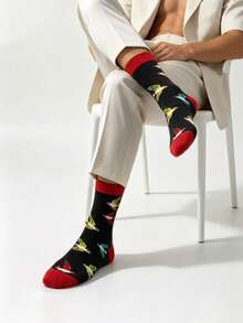 1/5 Pairs Back To School Cartoon Jacquard Mid-Calf Socks, Unisex French Bulldog Rabbit Penguin Fun Pattern Casual Long Socks, Autumn - Multicolor - View 2