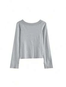 Women's Asymmetrical Neck Long Sleeve Knit Top, Slim Fit Flattering Minimalist Sexy Hot Girl Style Grey Base Layer Design TOPS - Grey - View 4
