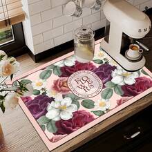 1pc Camellia Pattern Printed Diatomaceous Earth Kitchen Dish Drying Mat, Absorbent Dish Drying Pad, Coffee Machine Mat, Dishwashing Mat, Sink Mat, Kitchen Countertop Protector, Suitable For Cups, Plates, Tableware And Kitchen Decor - Multicolor - View 8