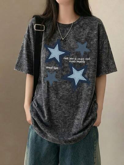 Women's Loose Round Neck Vintage Tie-Dye Letter & Star Print Short Sleeve T-Shirt, Summer Casual