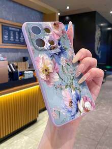 1 pieza Funda de teléfono de moda con pintura al óleo pura de Android, patrón de elementos florales azul & rosa, borde púrpura, anti-caída, anti-choque, protección completa de lente, alta moda, adecuada para hombres & mujeres, opción ideal para entusiastas de la moda, minimalista & elegante, compatible con Samsung/VivoY20/Y21/Y03/HONOR X8/X8B/X7A/X5/X9B/X9A - Morado - Ver 2