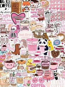 50pcs Fun Coffee Stickers, Pink Cartoon Doodle DIY Notebook Diary Stationery Bottle Stickers, Student Gift - Multicolor - View 13