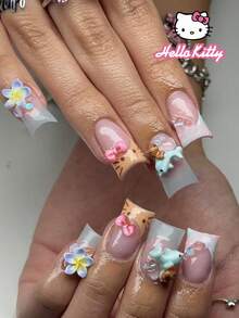 Sanrio Hello Kitty 24片中號鴨棕色法式穿戴甲，附可愛3D Hello Kitty、蝴蝶結、鑽石愛心、水鑽與花朵設計，完美貼合假指甲套組，適合女孩日常與派對使用 - 彩色 - 查看 1