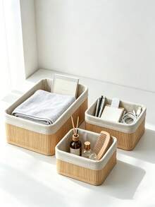 3pcs Woven Storage Baskets With Removable Fabric Liners, Natural Bamboo Rattan Appearance, Kitchen Storage Boxes, Wardrobe Organizer Baskets, Woven Baskets, Multi-Purpose Decorative Storage Boxes, Suitable For Bathroom, Bedroom, Cabinet, Drawer, Wardrobe, Office And More. - View 3
