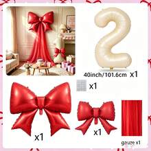 Red Bow Milk White Number Balloon 0-9, Red Chiffon Bow Balloon, Used For Bridal Shower, Anniversary, Birthday Decoration, Photo Props, Valentine's Day, Theme Party - Red Bow Cream Number Balloon - View 9