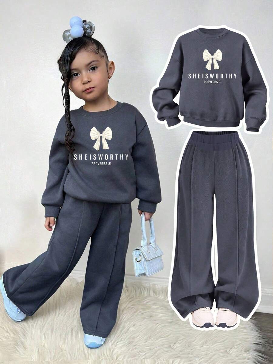 Young Girl Letter Graphic Print Crew Neck Sweatshirt And Sweatpants Casual Set - Dark Grey - View 1