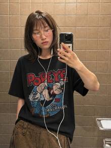 Y2K 女款夏季新款休閒寬鬆字母與卡通角色印花短袖T恤上衣 黑色 - 黑色 - 查看 2