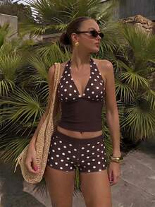 New Fashion Women's Casual Elegant Backless Polka Dot Bikini Set, Made Of High Elastic Fabric, Suitable For Summer Beach Wear - Light Brown - View 1