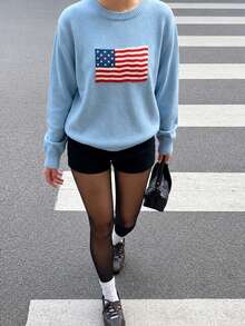Sweater Wanita Terbaru untuk Hari Kemerdekaan, Leher Bulat, Warna Biru, Motif Bendera Amerika, Kerah Bergaris, Atasan Rajut Kasual Serbaguna untuk Pemakaian Sehari-hari - Biru - View 7