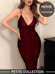 Soulscape Women's Petite Sexy Valentine's Day Backless Spaghetti Strap V-Neck Mesh Ruched Midi Dress Elegant - Red and Black - View 3