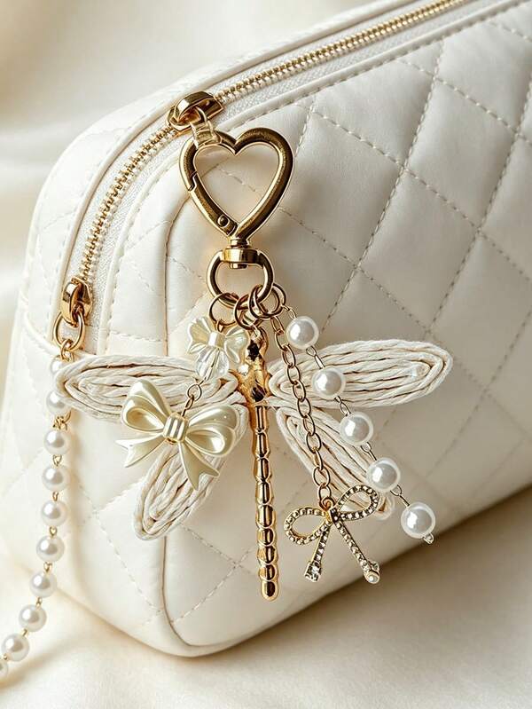 Dragonfly Pearl Bow Knotted Keychain, Bohemian Style Dragonfly Bag Charm, Beaded Key Ring, Pearl Bow Knotted Key Chain, Handmade Knotted Keychain, Elegant Gold Pendant Accessory Suitable For Backpack, Wallet, Phone, Earphone, Car Key, Perfect For Nature Lovers, Unique Birthday Gift, Holiday Gift, Party Gift, Vacation Gift, Wedding Gift, Back To School Gift