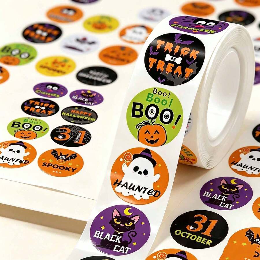 500/1000 Halloween Circular Sticker Roll, Orange Pumpkin Ghost Bat Design, Happy Halloween Sticker, Halloween Self-Adhesive Label Sticker, Halloween Party Decoration, Gift Bag Sealing Sticker, Halloween Party Supplies, - View 1